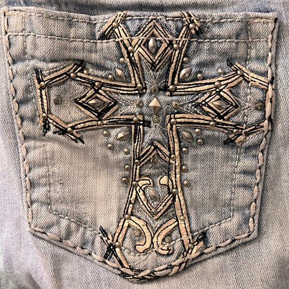 MISS ME 👖 VINTAGE DISTRESSED RIPPED LEATHER CROSS BOOTCUT JEANS Women’s 36 L32 - Picture 4 of 12